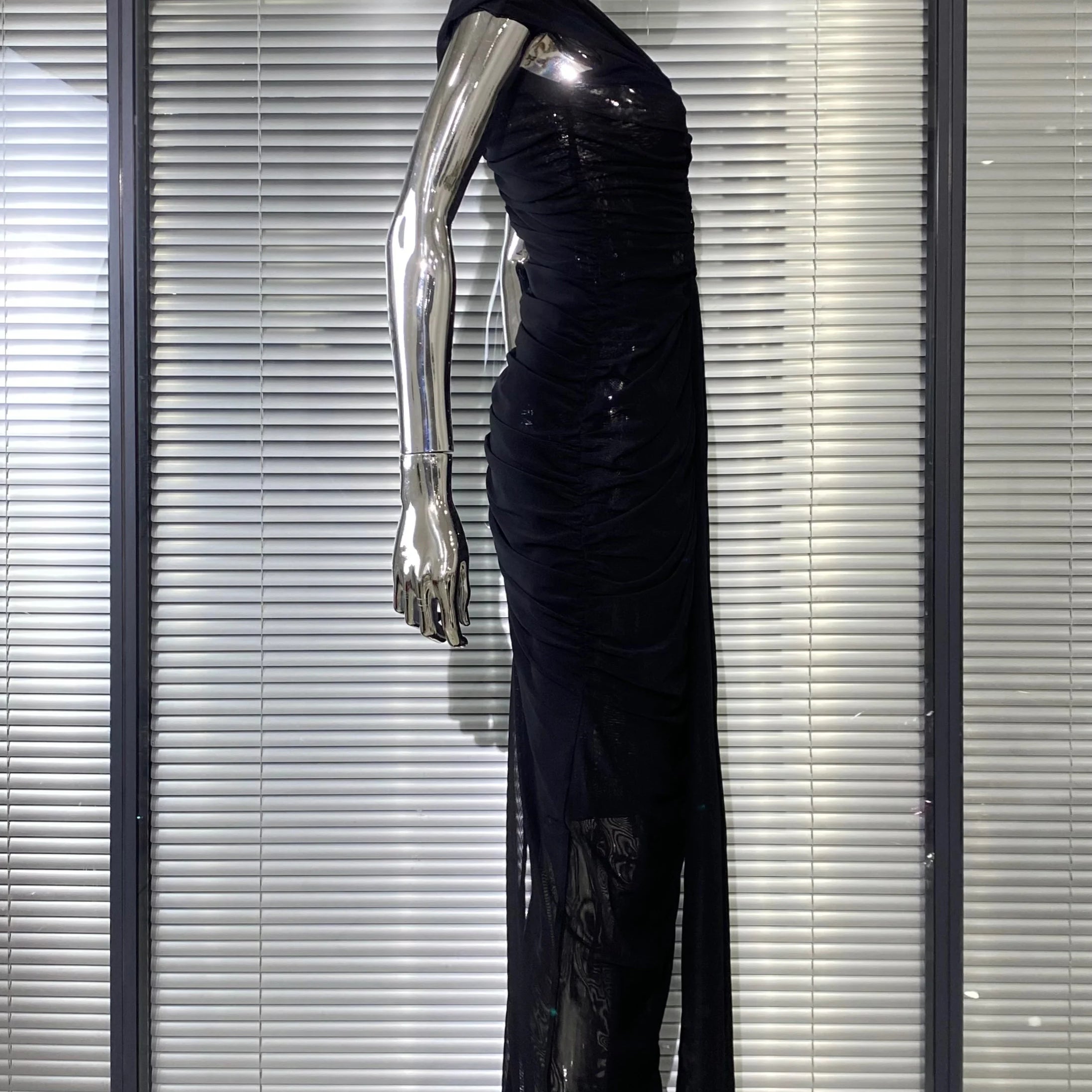 New Sexy Hollow Out SeeThrough Mesh Ankle Leng Evening Dress Fashion Woman Birthday Party Vestido Celebrity Evening Party Outfit