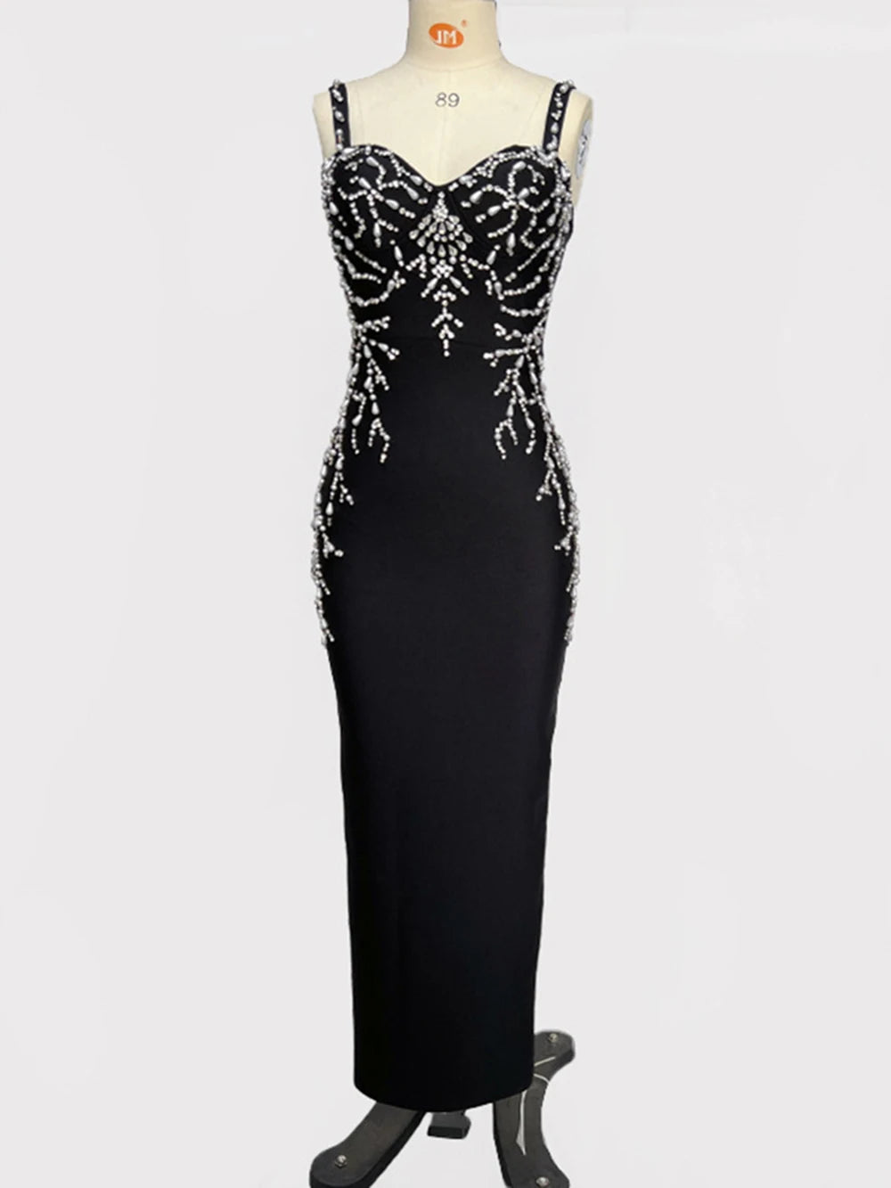 Ladies Diamond Beads Spaghetti Strap Backless Design Celebrity Evening Club Black Sleeveless Sexy Maxi Bandage Dress Vestidos