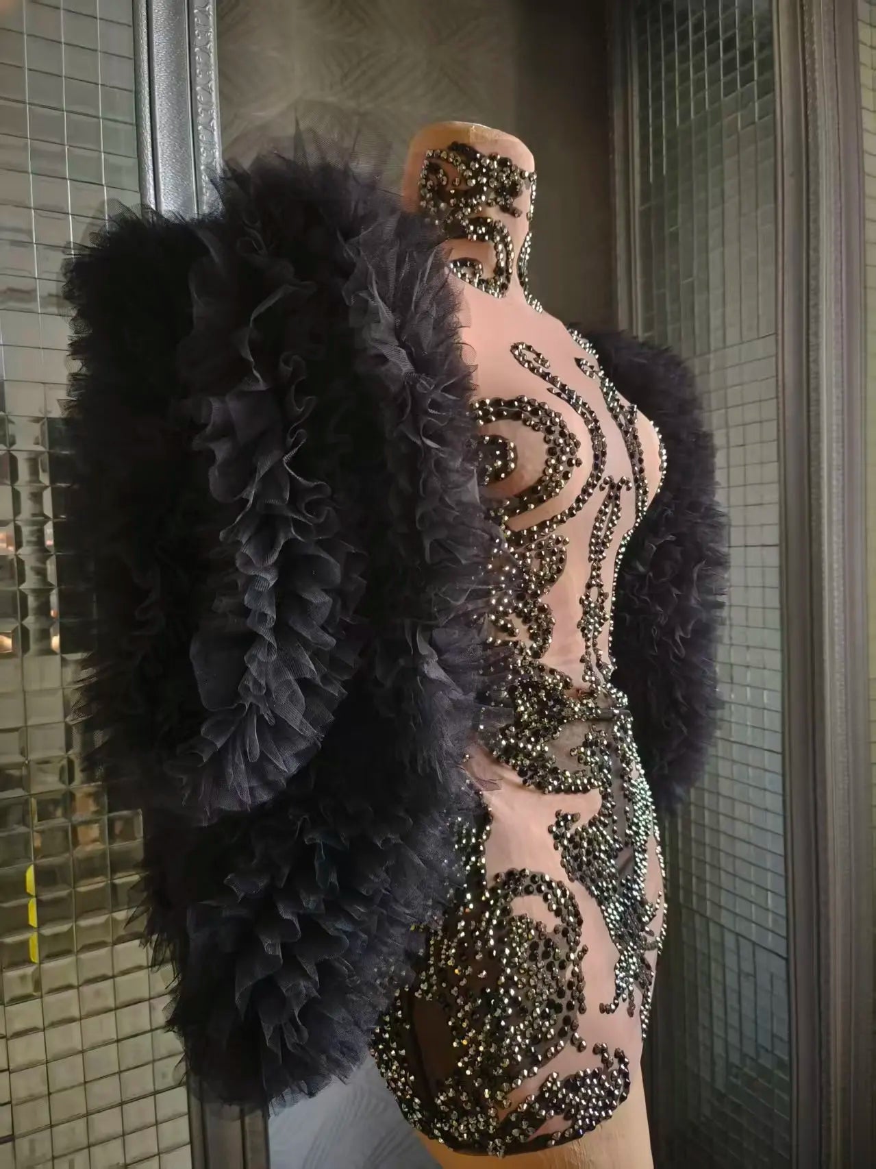 Women Sexy Mesh See Through Black Crystal Stretchy Night Club Celebrity Singer Dancer tage Costume Mini Party Dress