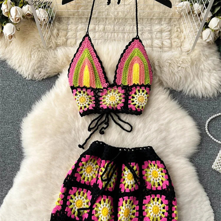 SINGREINY Summer Hollow Out Beach Suits Women Strap Halter Sexy Top+Mini Shorts Fashion Floral Knitted Bohemian Two Pieces Sets black One Size