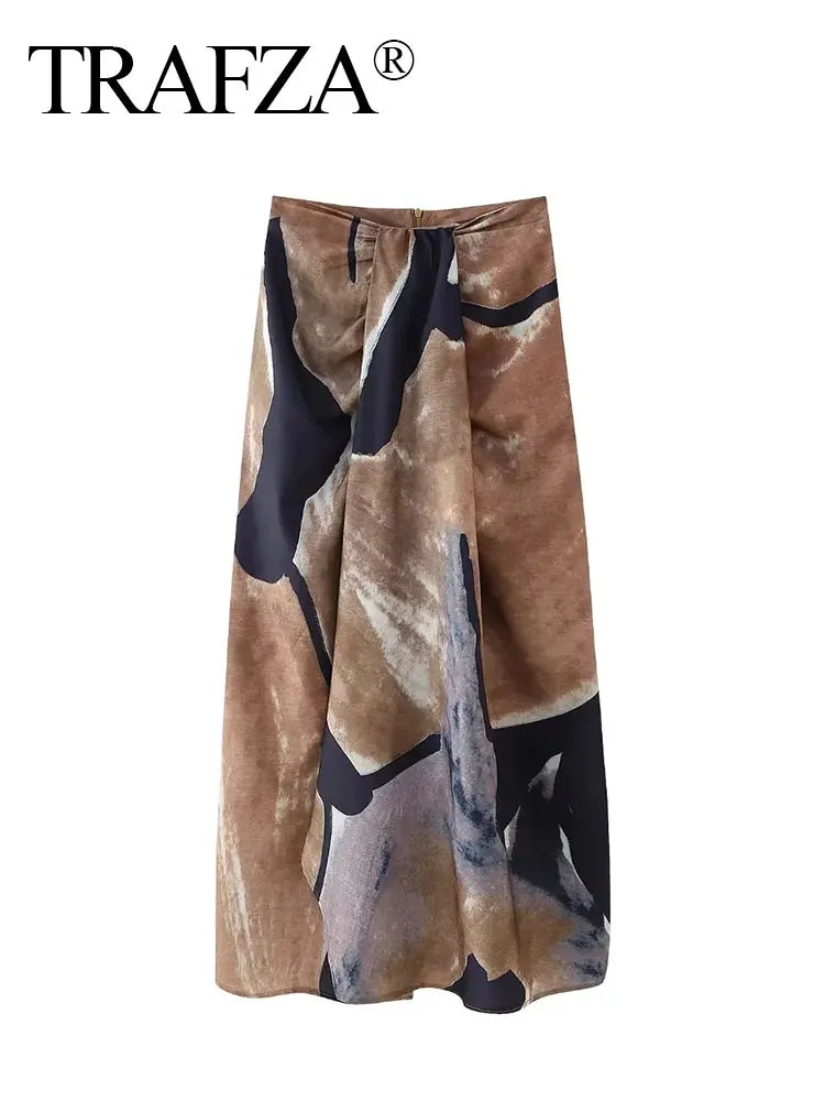 TRAFZA Women's High Waist Front Pleated Zipper Fly Casual Skirt Summer Women's Fashion Chic Printed Wrap Skirt Streetwear