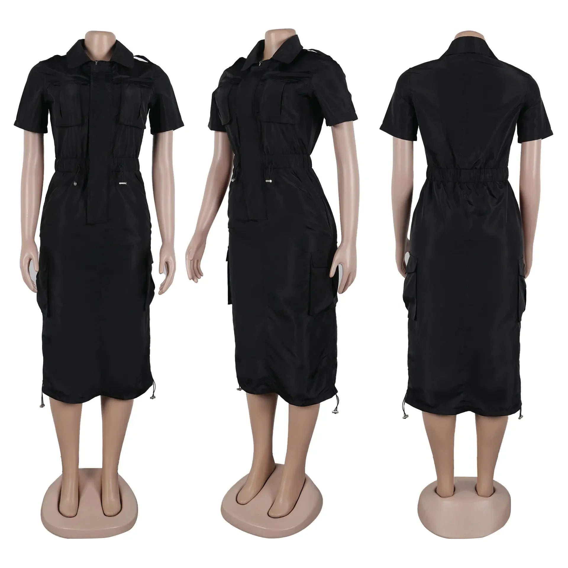 CM.YAYA Women High Waist Short Sleeve Mult Pockets Cargo Midi Dress Streetwear Drawstring Vestidos Party Sexy Evening Dresses