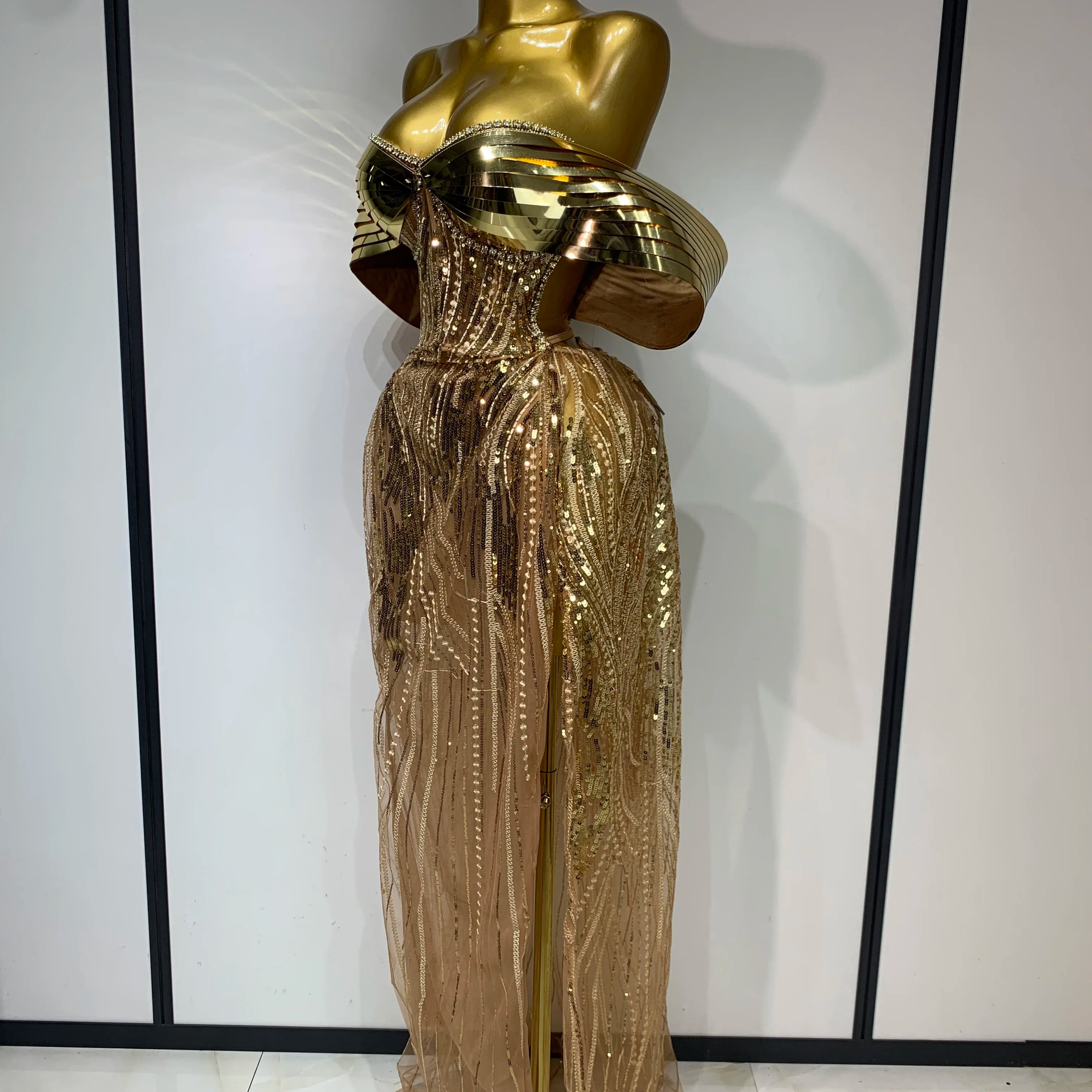 Sparkly Gold Long Dress Luxury Rhinestone Sequins See Thourgh Birthday Gown Sexy Off Shoulder Performance Singer Costume