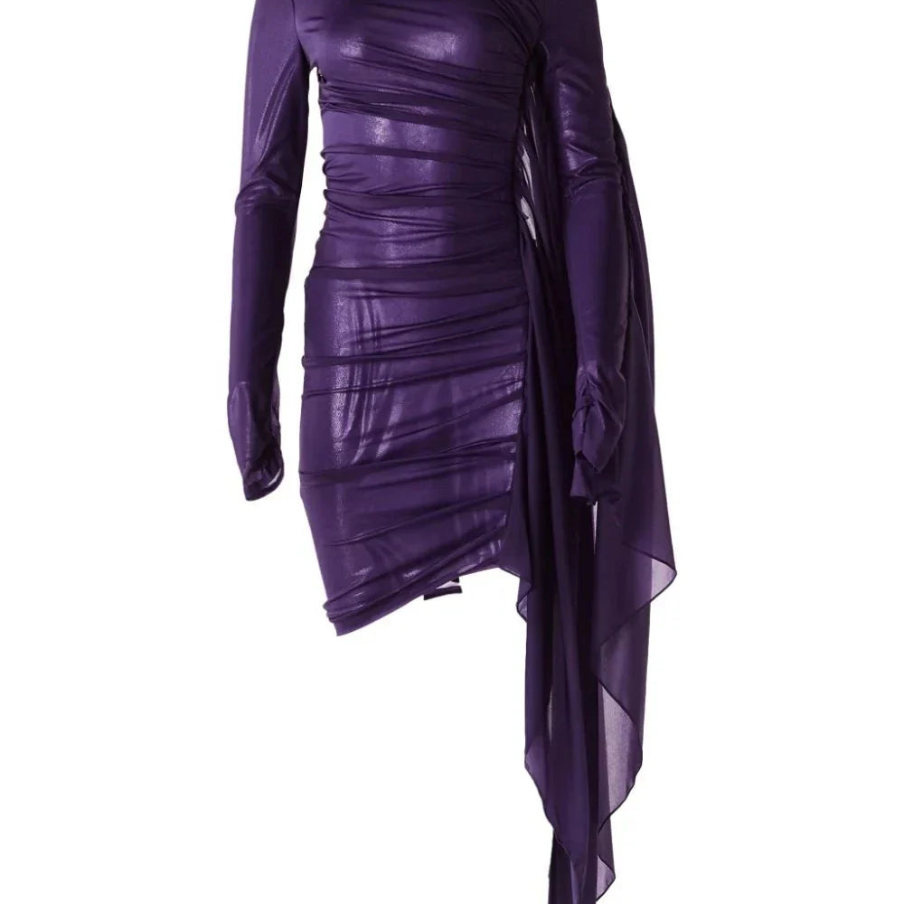 Ailigou New Women's Black Sexy Perspective Mesh Pleated Design Long sleeved Tight Mini Dress Elegant Celebrity Party Dress PURPLE