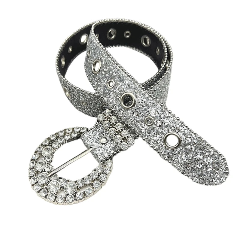 Shinning for Rhinestone Belts Women PU Leather Western Y2K Girls Belt for Jeans round buckle