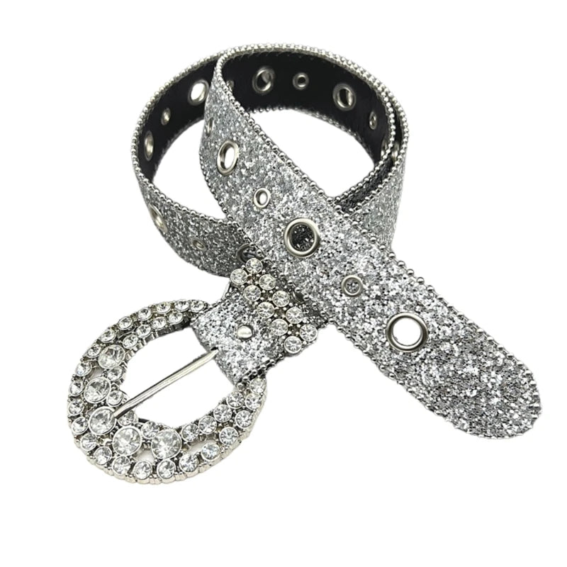 Shinning for Rhinestone Belts Women PU Leather Western Y2K Girls Belt for Jeans round buckle