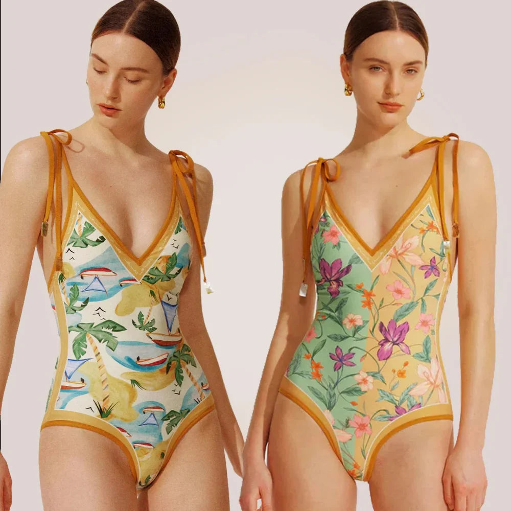 New Vintage Printed Double-sided Wear Swimming Bathing Suit Women Bandage Sexy One Piece Swimsuit Beachwear Swimwear Woman Yellow flower