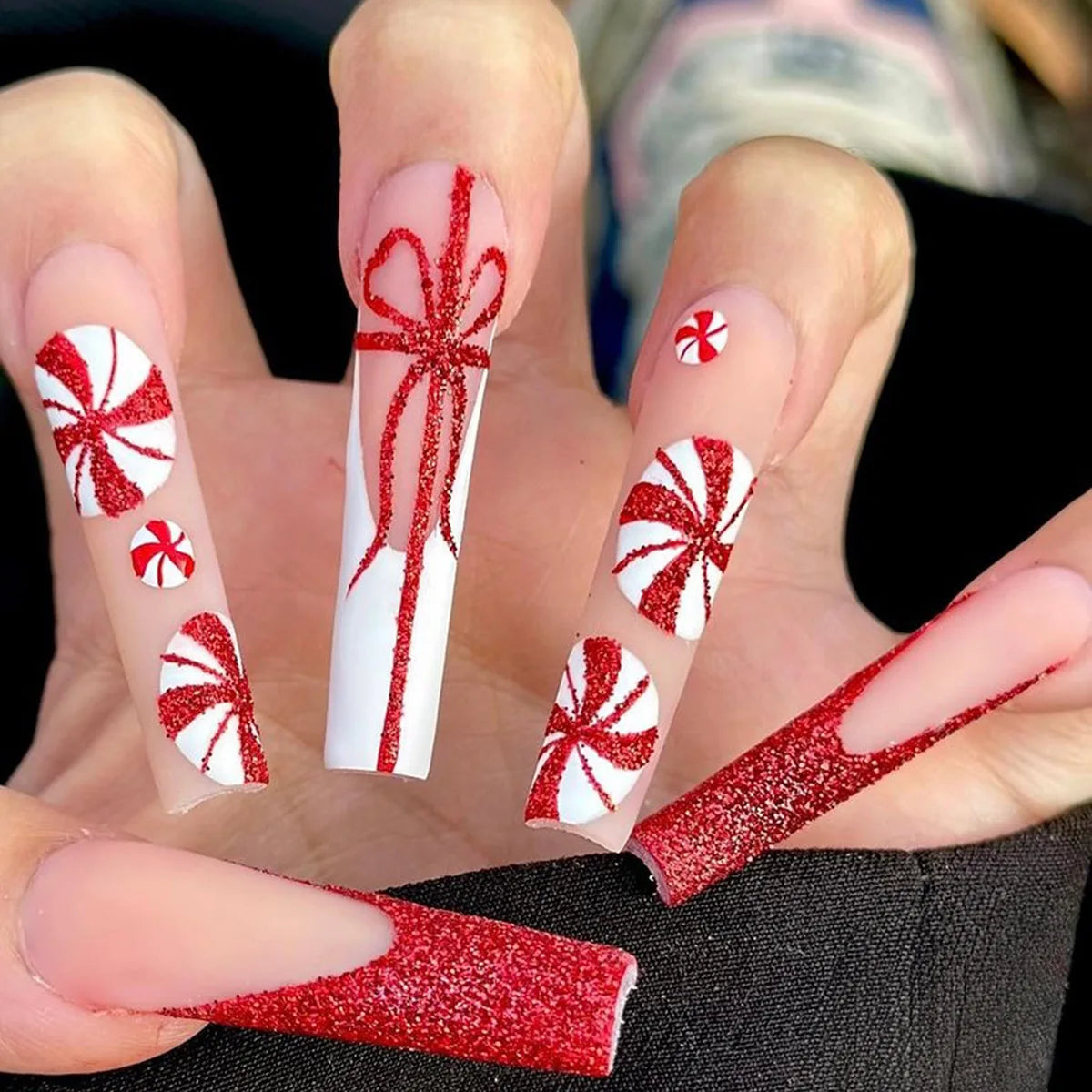 24pcs Christmas Bow and Snowflake Press on Nails Red French Manicure False Nail Full Coverage Nail Tips for Women&Girl Nail Art