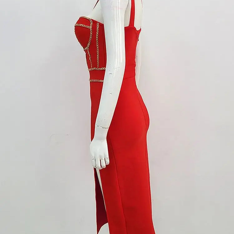 Ailigou High Quality Brand New Red Chain Sleeveless V-Neck Tight Midi Bandage Dress Tights Celebrity Club Party Dress Vesidos