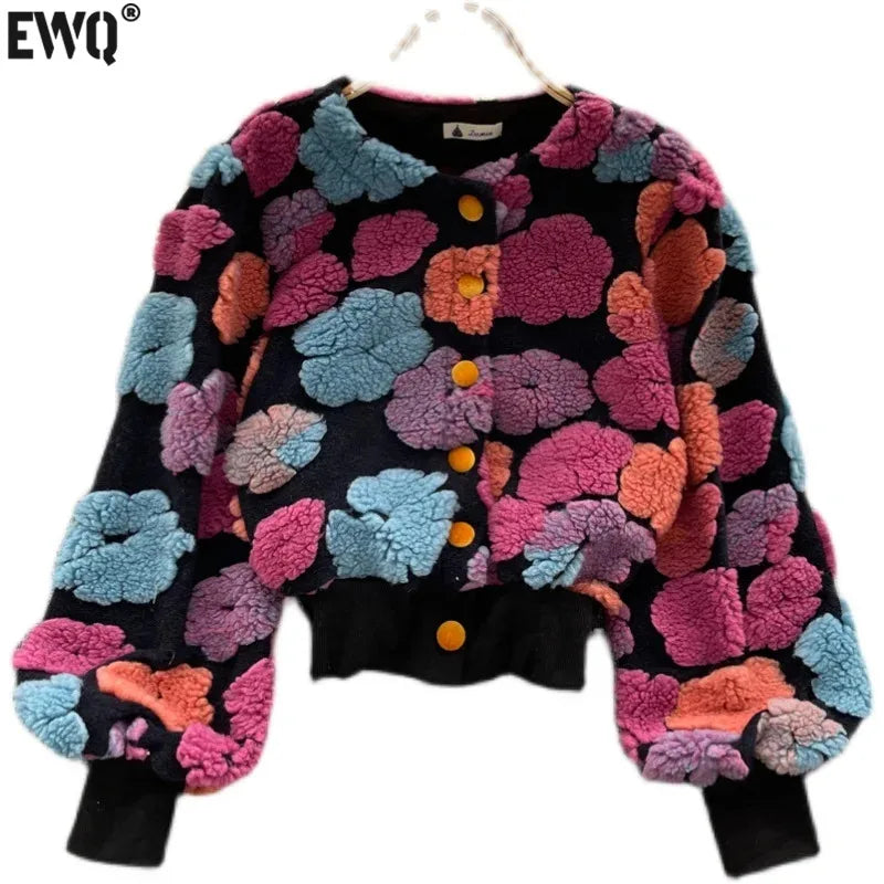 Sweet Long Sleeve Single Breasted Short Jacket Retro Three-dimensional Flower O Neck Clothing Winter 6 Color Coat