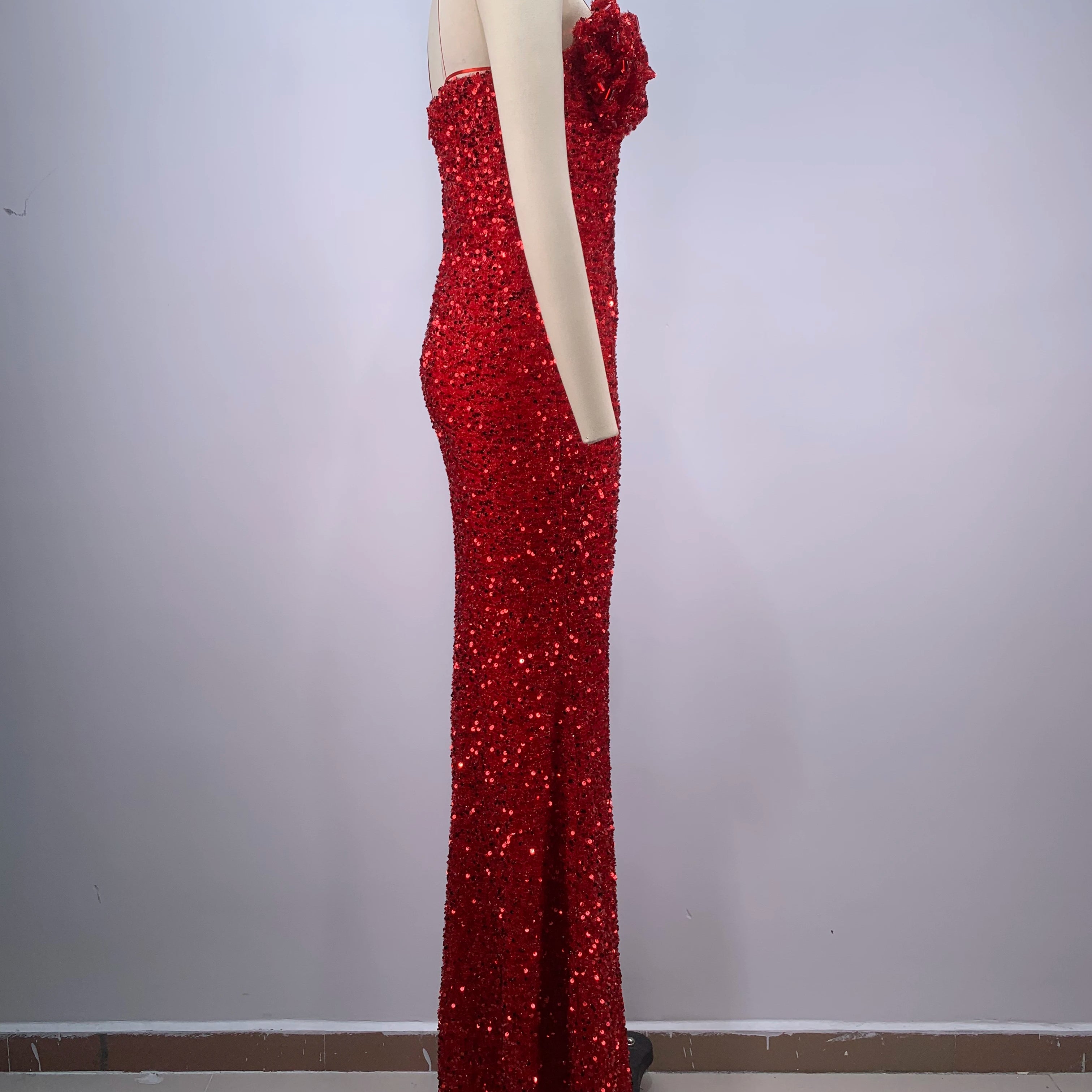 2024 New Arrival Red Color Women Sexy Strapless Shinning Sequins Floor-lenght Dress Wedding Party Celebrate Prom Dress Vestido