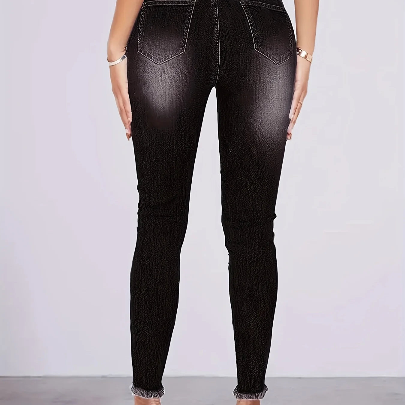 Black Ripped Holes Skinny Jeans, Slim Fit Distressed Raw Hem Elastic Waist Denim Pants, Women's Denim Jeans & Clothing