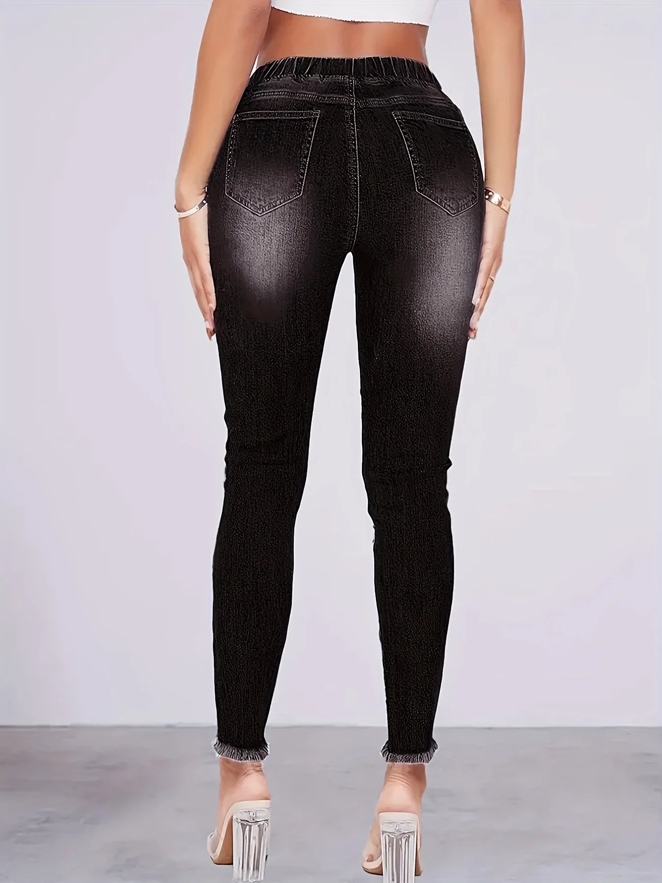 Black Ripped Holes Skinny Jeans, Slim Fit Distressed Raw Hem Elastic Waist Denim Pants, Women's Denim Jeans & Clothing