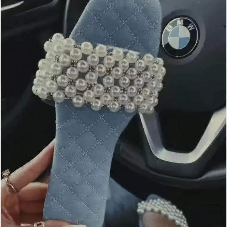 Spring and Summer Women's Pearl Rhinestones Women's All-match Casual Slippers Fashion Solid Flat Shoes Sandals Blue