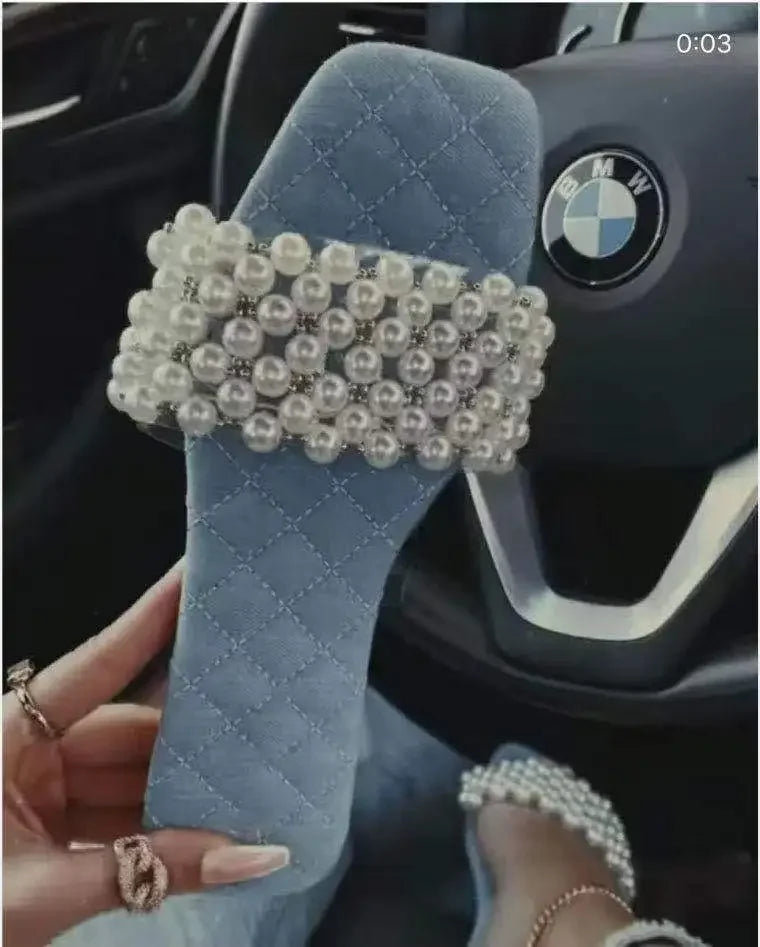 Spring and Summer Women's Pearl Rhinestones Women's All-match Casual Slippers Fashion Solid Flat Shoes Sandals Blue