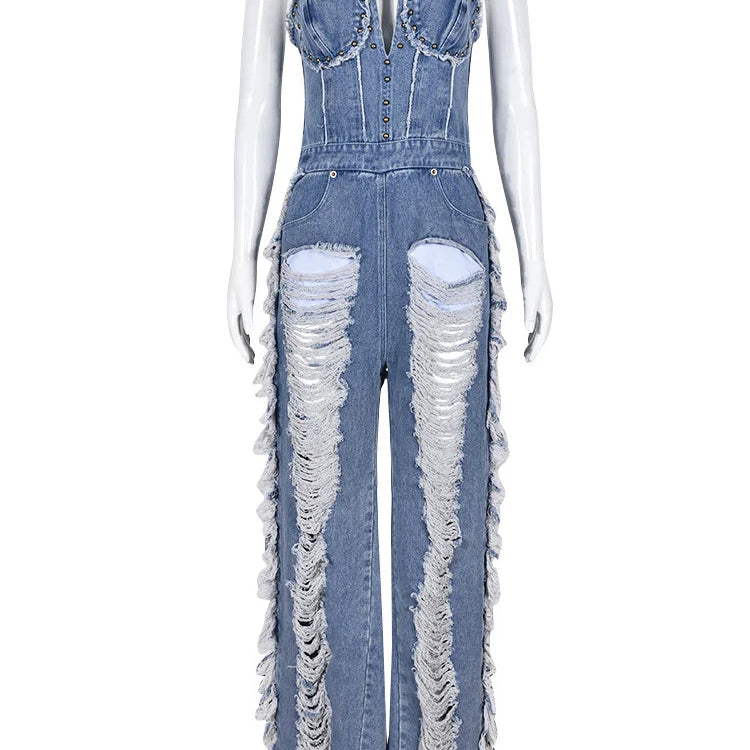 Sibybo Tassel Hollow Out Overalls For Women Studded Diamond Strapless Backless Jeans Street Fashion Trend Jumpsuite Femme