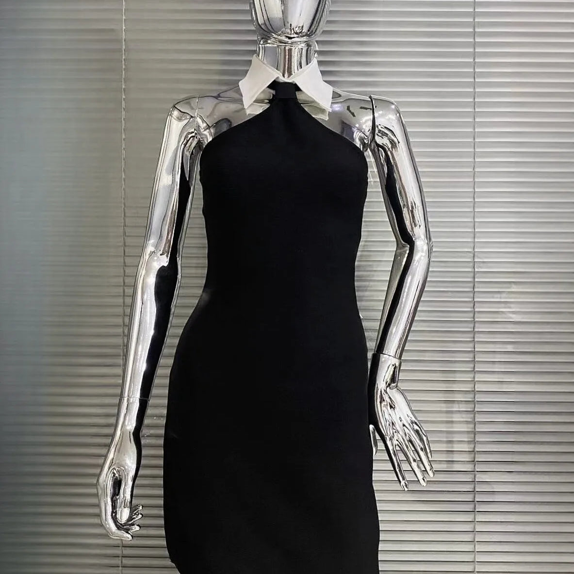 2023 New summer Fashion Design Turn Down Collar Sleeveless Black Mini Dress  Woman Rayon Bandage Dress Evening Party Outfit