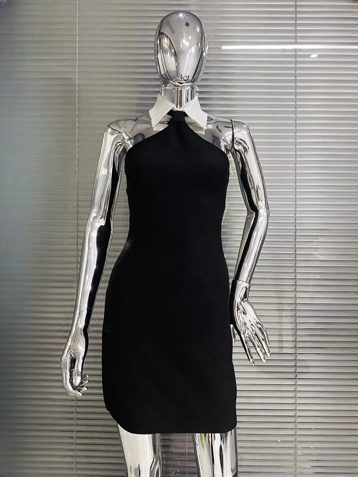 2023 New summer Fashion Design Turn Down Collar Sleeveless Black Mini Dress  Woman Rayon Bandage Dress Evening Party Outfit