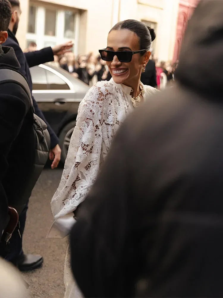 Spring Solid Lace Hollow Out Maxi Dress Women Fashion Lapel Long Sleeves Slim Dresses Elegant Female Party Club Robes