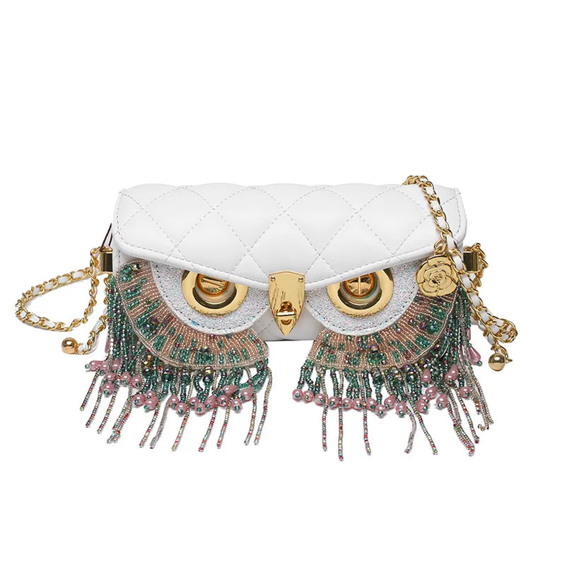 Cute Owl Bags for Women New Luxury Designer Handbag Fashion Tassel Crossbody Bag Leather Animal Print Shoulder Bag Woman Beige
