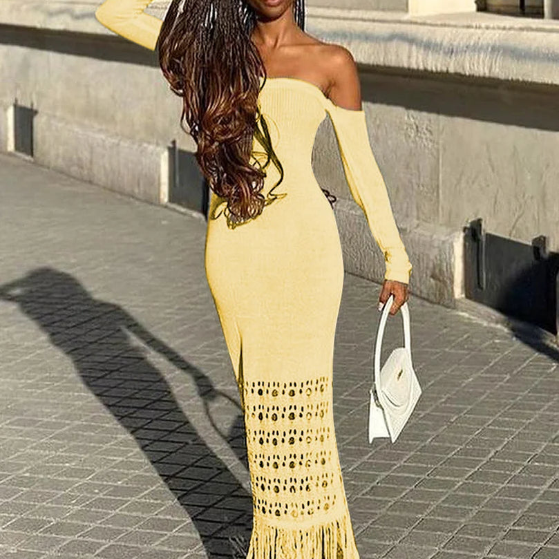 Dulzura Autumn Knitted Tassel Y2K Clothes Long Sleeve Backless Tube Bodycon Maxi Dress For Women 2023 Club Party Elegant Outfits