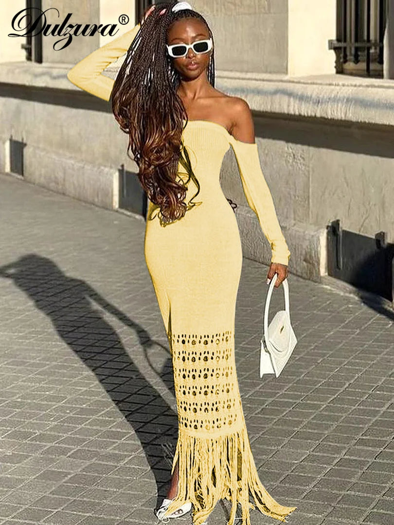 Dulzura Autumn Knitted Tassel Y2K Clothes Long Sleeve Backless Tube Bodycon Maxi Dress For Women 2023 Club Party Elegant Outfits