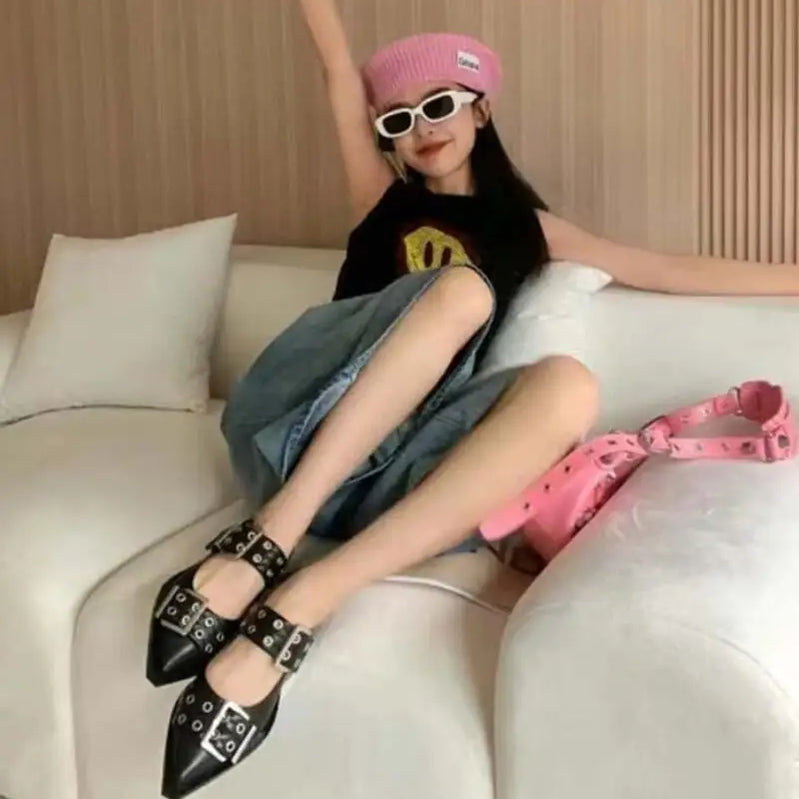 European and American Spring/Summer 2024 New Brand Rivet Sandals Low Heel Pointed Fashion Women Muller Shoes Black Big Size 42