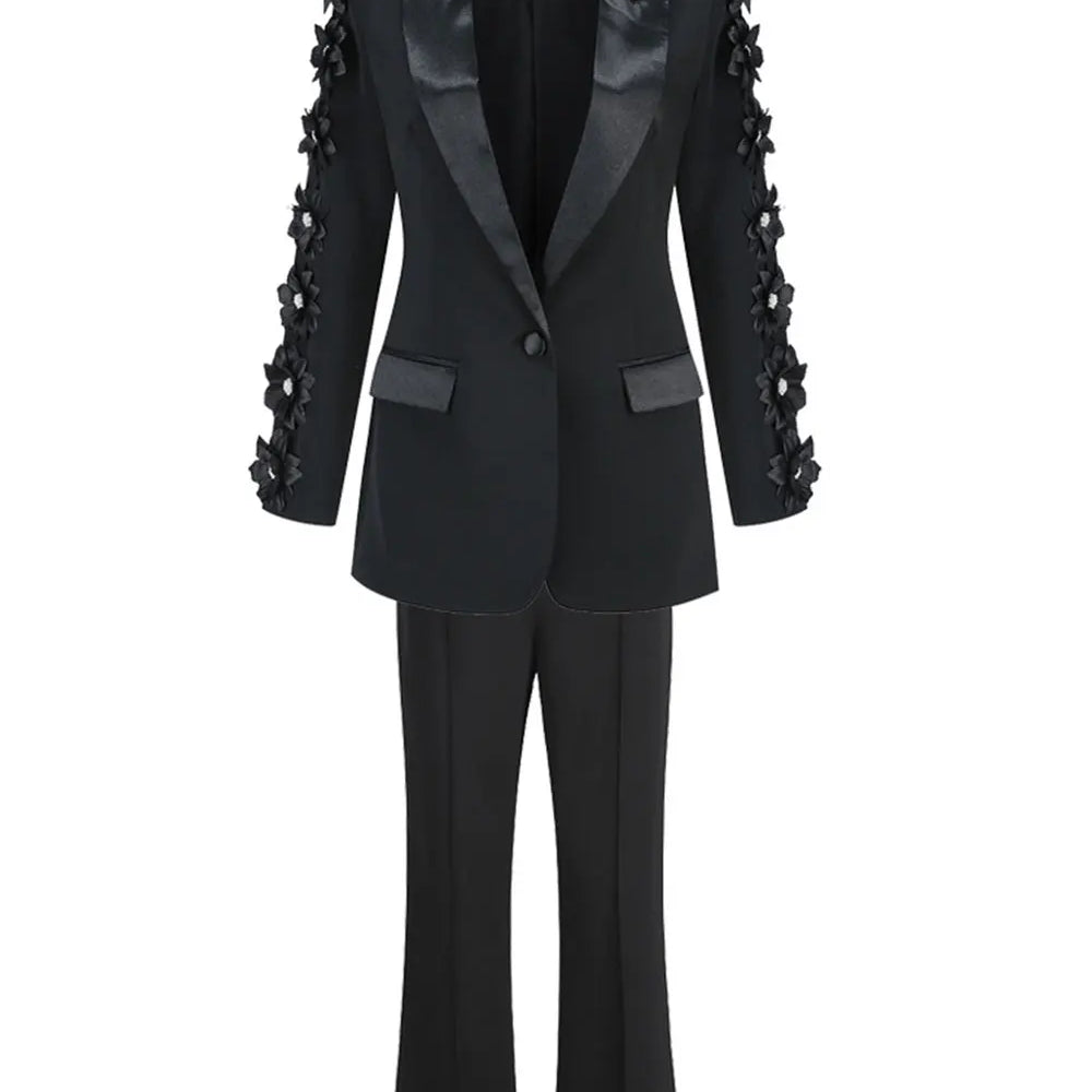 2024  Women Suit Pants Set with Collar, Long Sleeve, Three Dimensional Flower Decoration, Slim Fit Suit Coat+Two Piece Pants Set