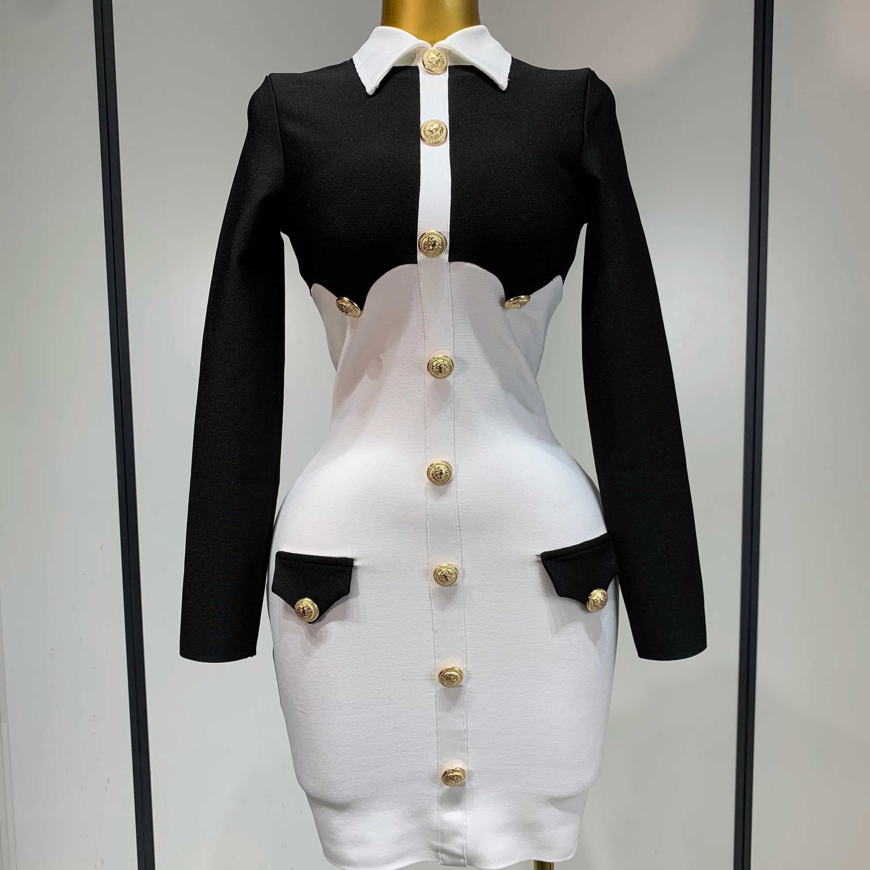 Women Long Sleeve Elastic Bodycon Short Bandage Dress 2025 High Street Office Lady Formal Elegant Business Club Party Dresses