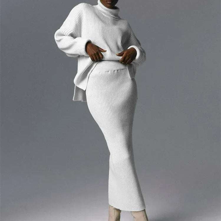 new Ribbed Knit 2 Piece Dress Set Outfits Ladies Knitwear Top And Midi Skirt Sets For Women Casual Winter Sweater Sets