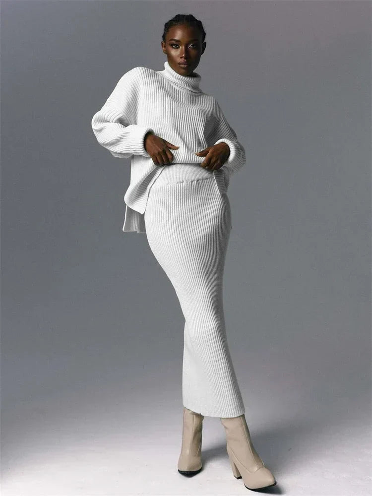 new Ribbed Knit 2 Piece Dress Set Outfits Ladies Knitwear Top And Midi Skirt Sets For Women Casual Winter Sweater Sets