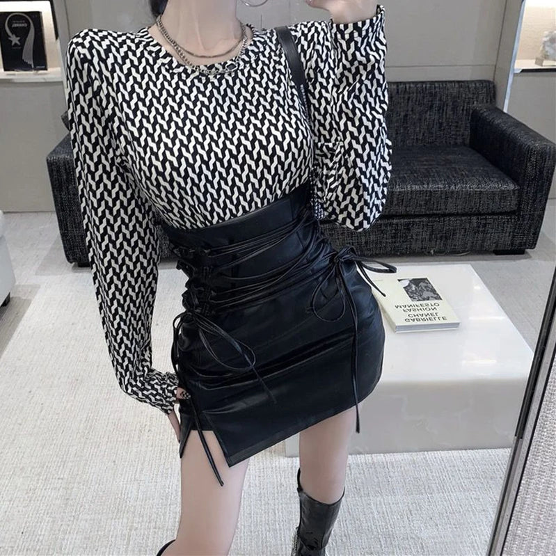 Black PU Leather Mini Skirts Women Sexy High Waist Skinny Lace-Up Pencil Skirt Ladies Gothic Club Package Hip Skirts
