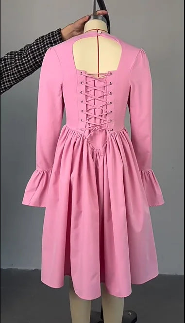 CM.YAYA 2025 Women O-neck Long Flare Sleeve Pleated Mini Midi Dress Backless Elegant Birthday Beach Night Party Vestidos Dresses