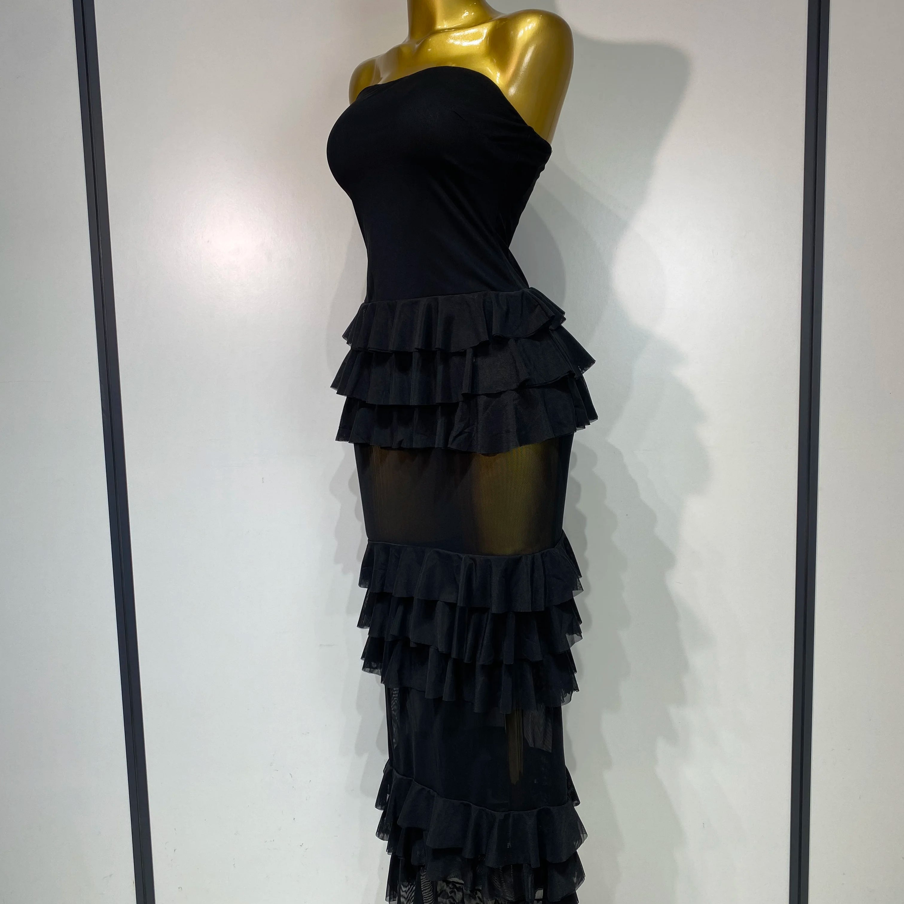 Women Sexy Strapless Ruffles Long Dress Black Backless Mesh See Through Design Dresses Evening Party Cocktail Birthday Dress