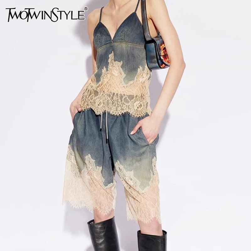 Spliced Lace Denim Two Piece Set For Women V Neck Sleevelss Top High Waist Knee Length Pant Streetwear Sets Female