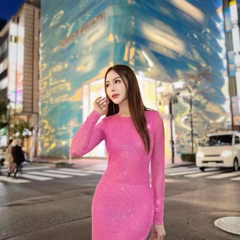 2023 New Arrival Long Sleeve Diamond Mesh See Through Sexy Bodycon Long Dress Celebrity Nightclub Party Dress Vestido