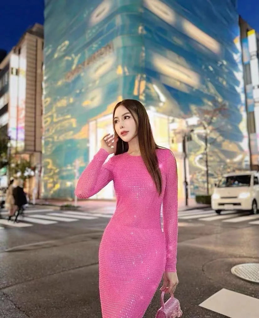 2023 New Arrival Long Sleeve Diamond Mesh See Through Sexy Bodycon Long Dress Celebrity Nightclub Party Dress Vestido