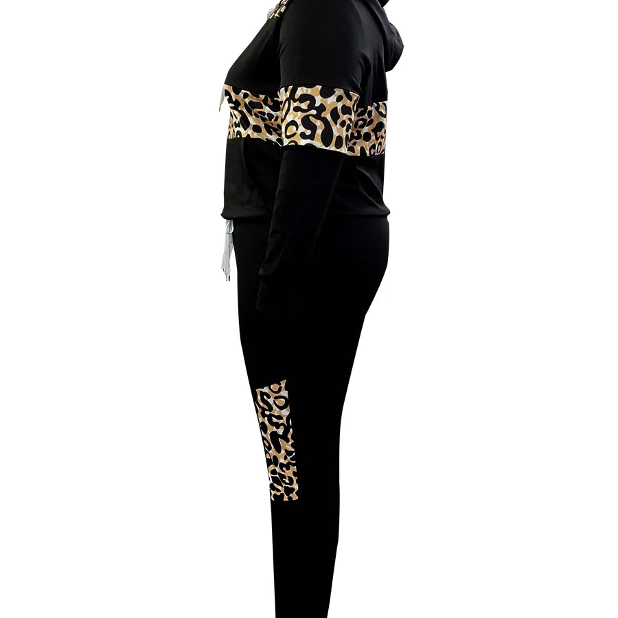 LW Plus Size Hooded Collar Leopard Print Tracksuit Set Drawstring Long Sleeve Hoodie & Pocket Design Pants Two-Pieces Set