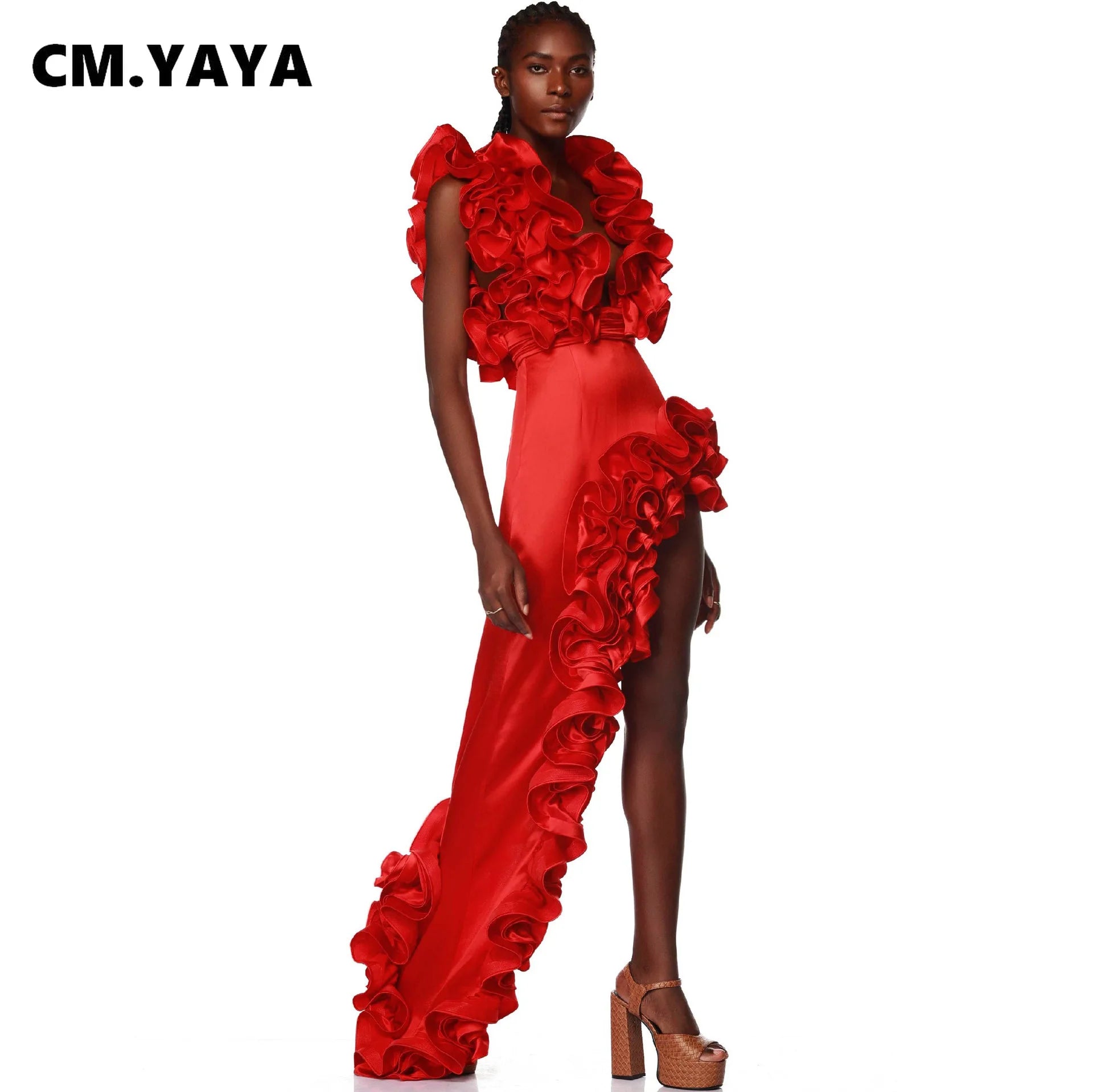 CM.YAYA Women Sets Streetwear 2 Two-piece Suits Sexy Beach Holiday Ruffles Asymmetrical V-neck Bodysuit+Long Skirts Bikinis Sets