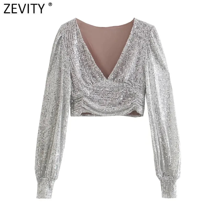 Women Sexy Deep V Neck Short Sequined Smock Blouse Lady Chic Pleats Puff Sleeve Party Wear Crop Shirts Blusas Tops