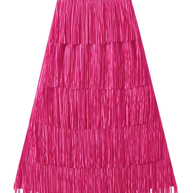 Pleated Tassel Long Skirts For Women High Waist Solid Color Stitching Elegant Party Clothing 2024 Summer Autumn Rose Pink One Size