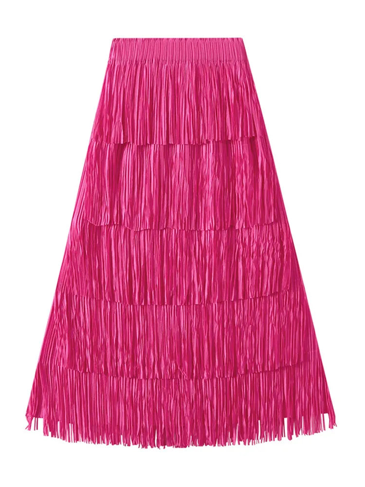 Pleated Tassel Long Skirts For Women High Waist Solid Color Stitching Elegant Party Clothing 2024 Summer Autumn Rose Pink One Size