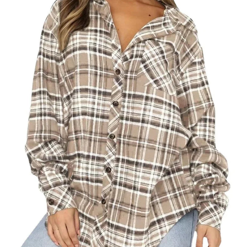 Flannel Plaid Shirt Women Autumn Loose Button Up Lapels Tops Casual Checkered Long Sleeve Blouse Ladies Pockets Basic Female New