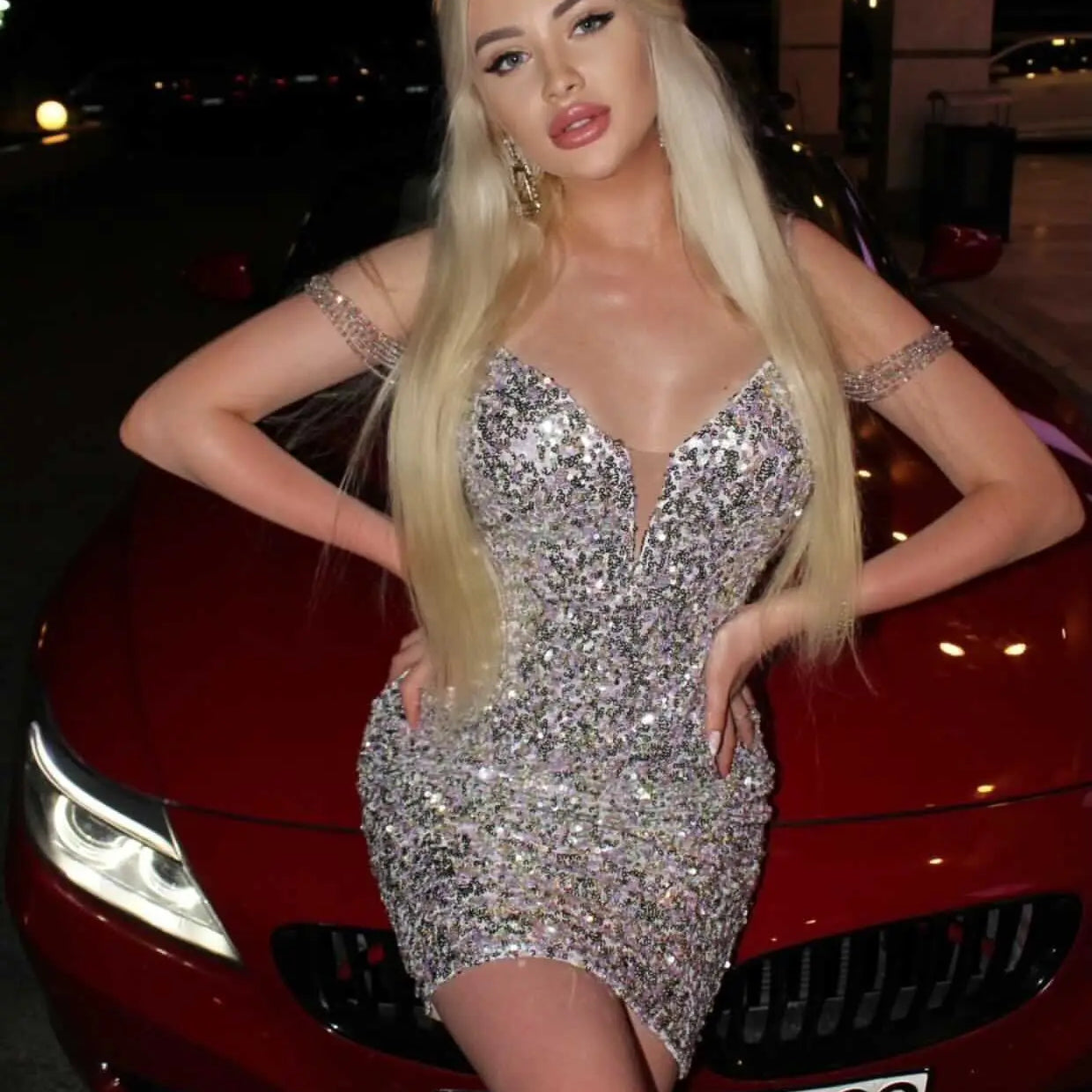 High Qulity Sexy V-Neck Shining Sequins Beading Spaghetti Strap Mini Dress Graceful Woman Evening Dress Birthday Party Outfit