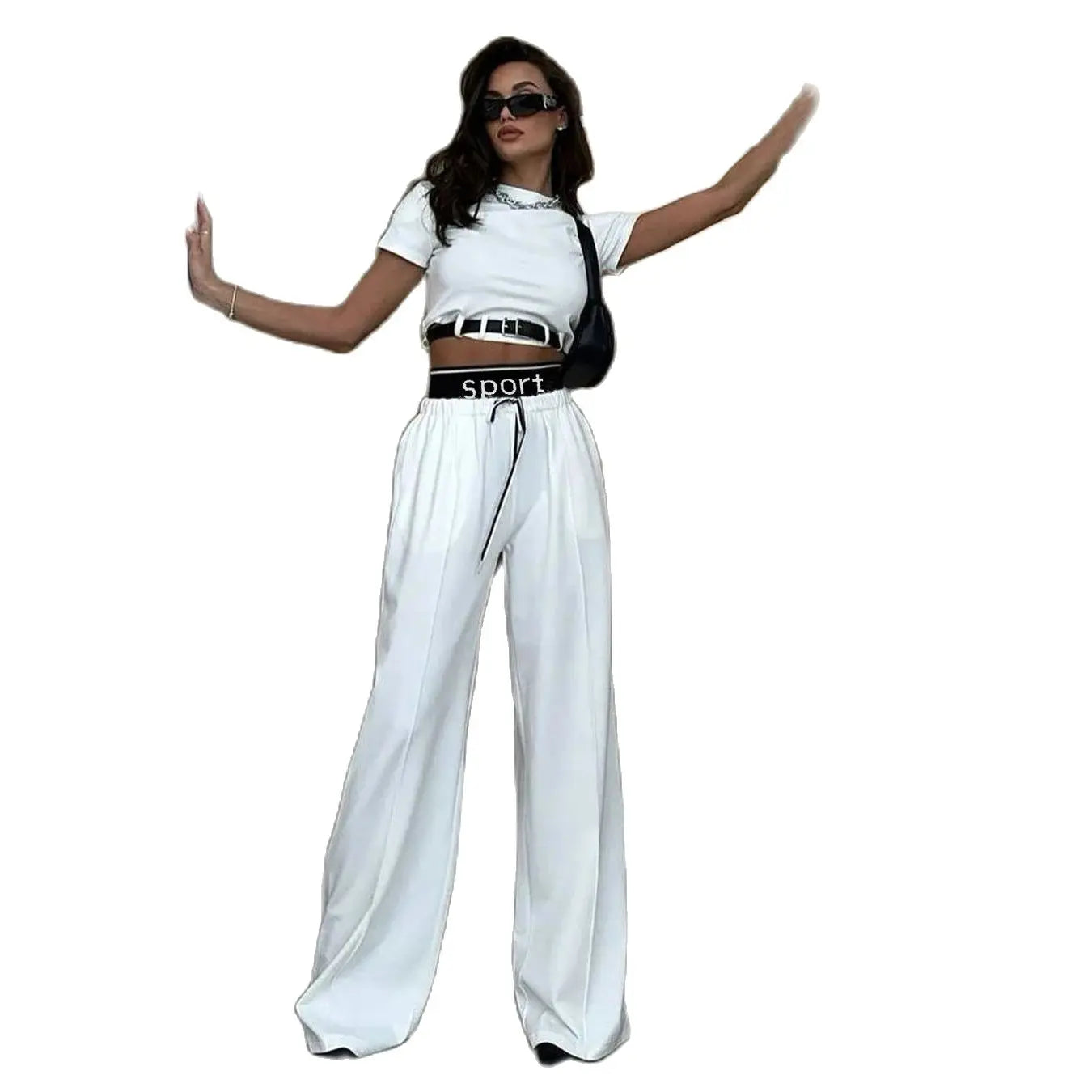 Zekye Casual White Loose Wide Leg Pants Set Women Outfit Korean Patchwork Street Style Short Sleeve T Shirts 2 Pieces Set Top WHITE