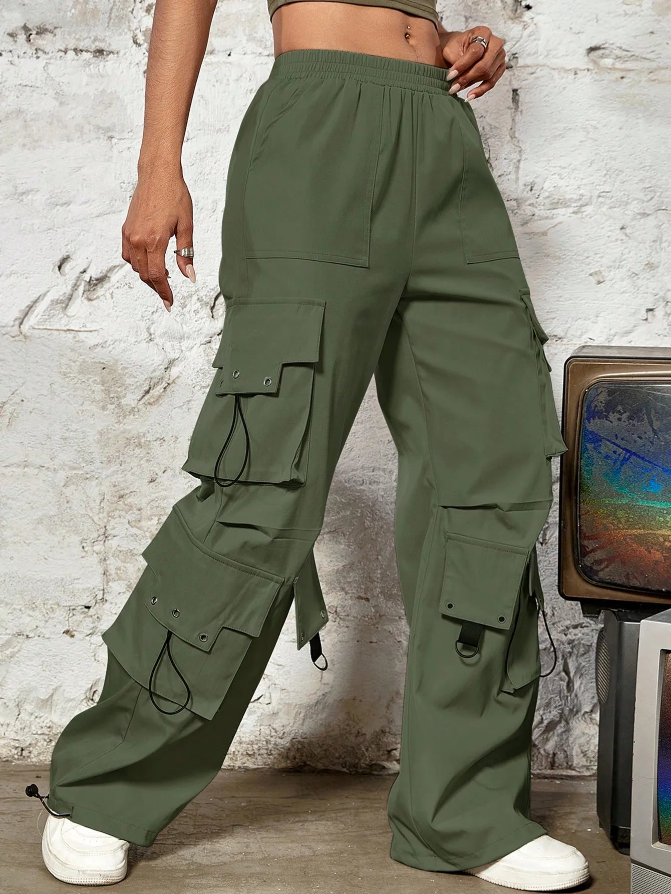 Y2k High Street Trend Hip Pop Flap Pocket Side Solid Color Elastic Waist Loose Straight Cargo Pants Streetwear army-green