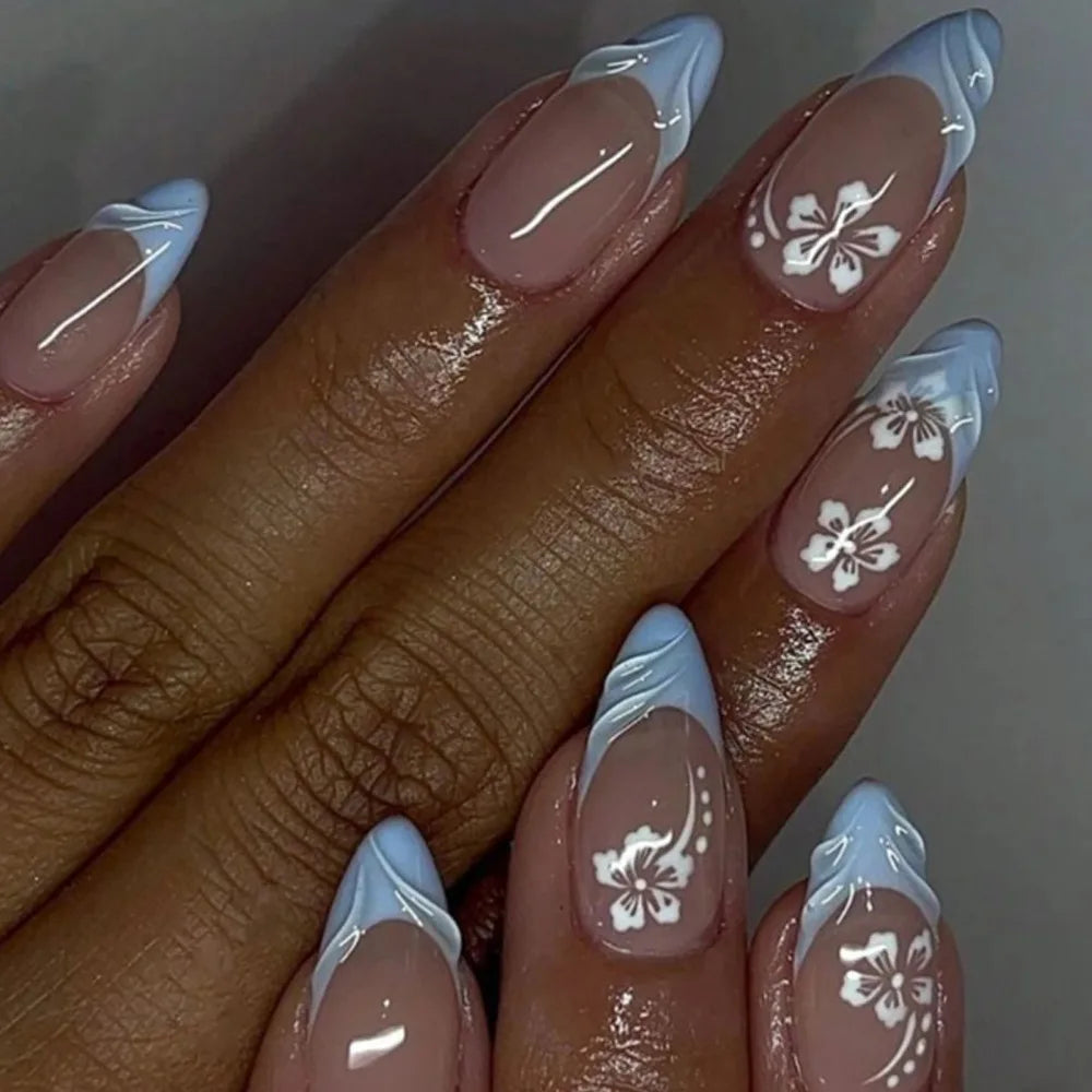 24Pcs Mid-length Almond Press on Nails Tips with Blue White Maple Leave Fake Nails Detachable Artificial Full Cover False Nails