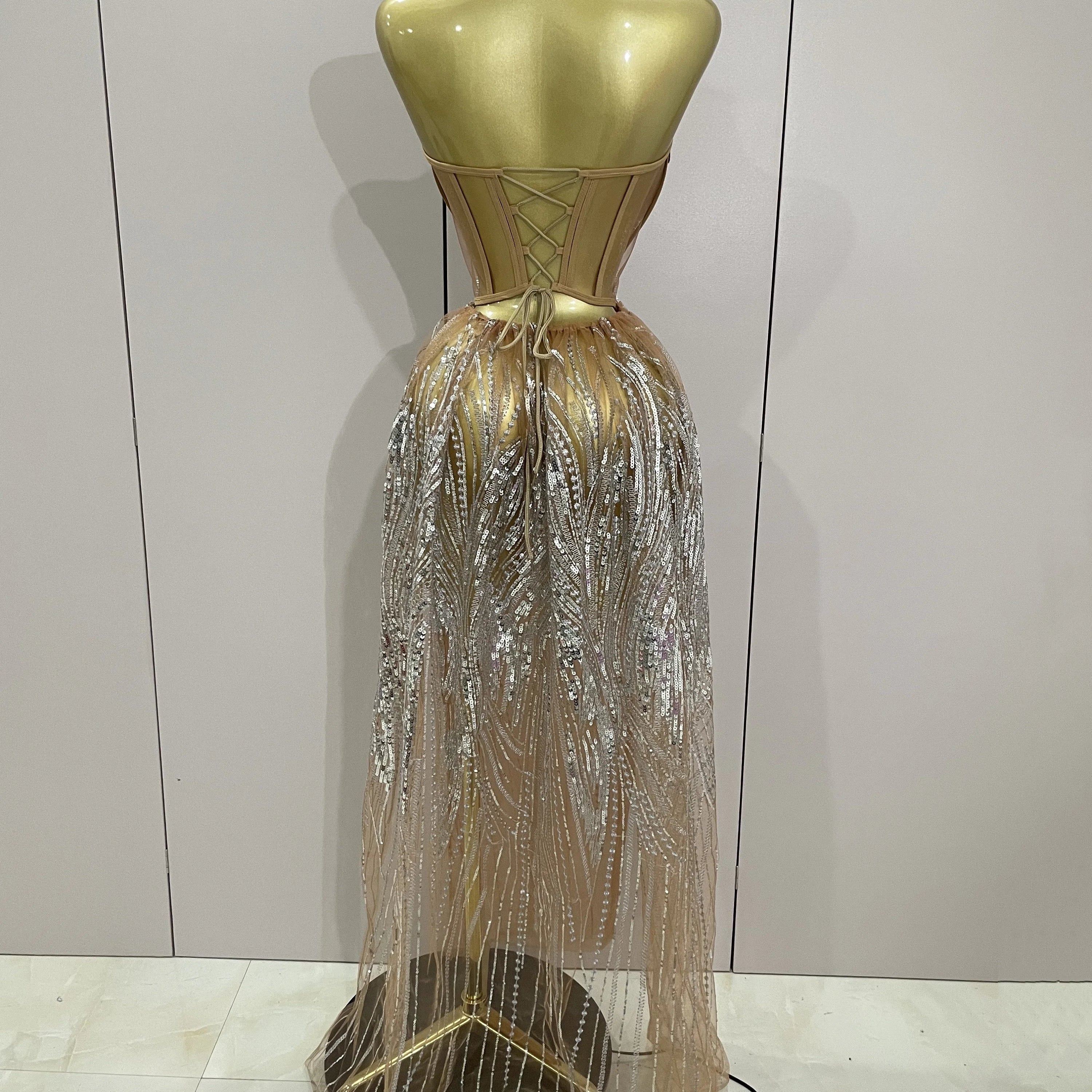 2025 Sparkly Rhinestone Sequins Sexy Strapless See-Through Long Dress Women Evening Birthday Party Dress Nightclub Stage Costume