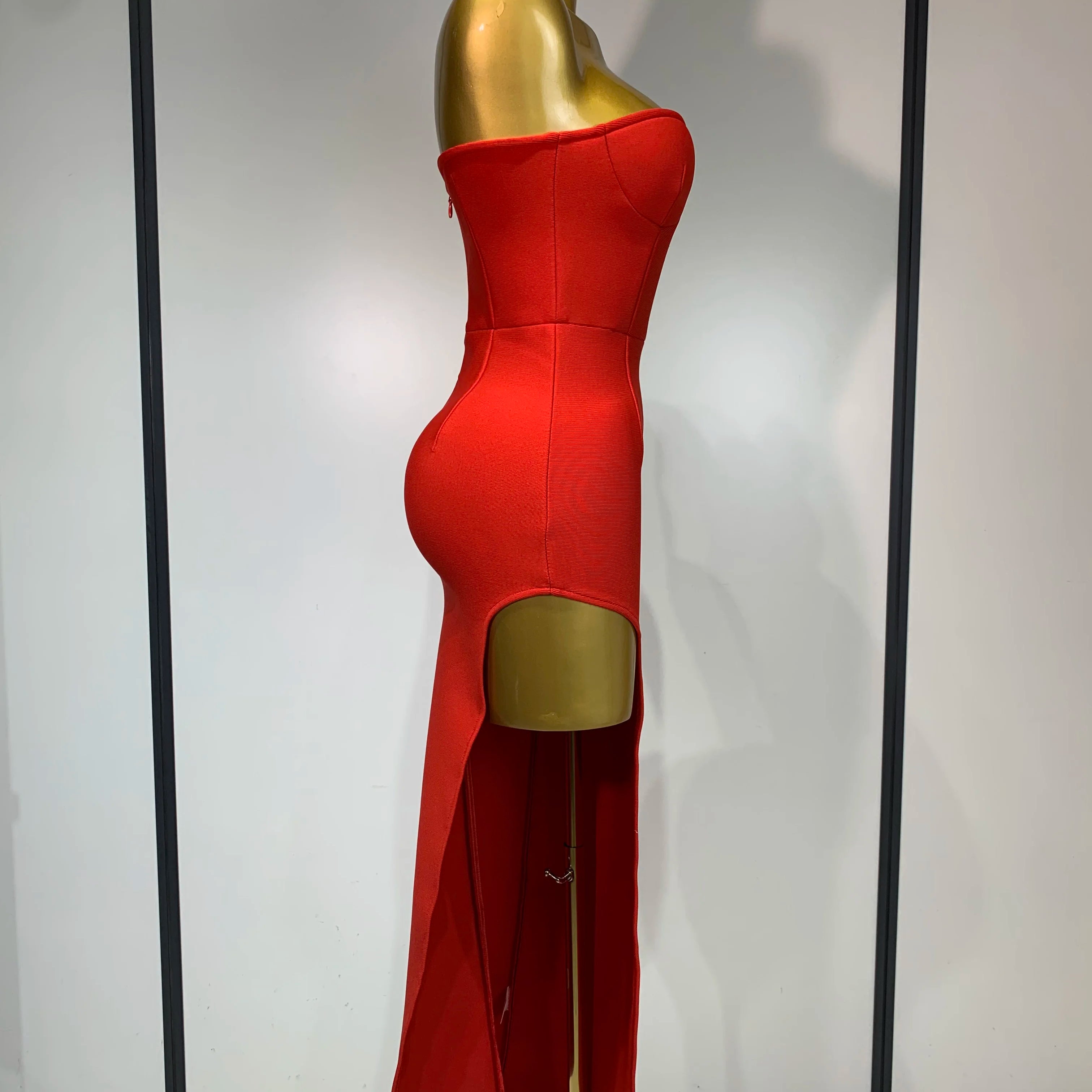 Sexy Red Strapless High Split Long Bandage Dress Luxury Birthday Dress Women Backless Bodycon Dresses Elegant Evening Party Gown
