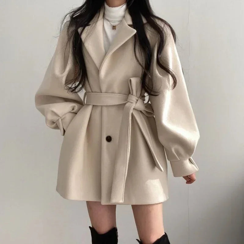 Autumn Winter Women's Thick Woolen Winter Coat Ladies Mid Length Tailored Collar Waist Band Outerwear Female Casual Clothes
